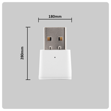 HALO Zigbee range extender USB dongle in white with measurement markers showing 180mm by 280mm
