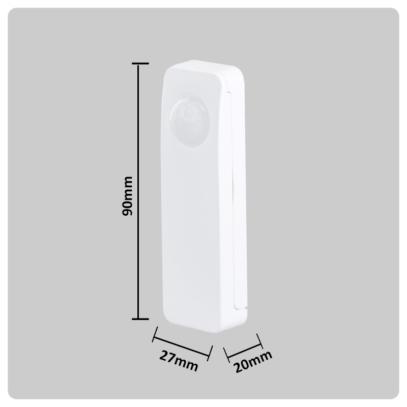 HALO Smart PIR Sensor battery powered shown upright with dimensions 90 mm tall 27 mm wide 20 mm thick