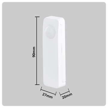 HALO Smart PIR Sensor battery powered shown upright with dimensions 90 mm tall 27 mm wide 20 mm thick