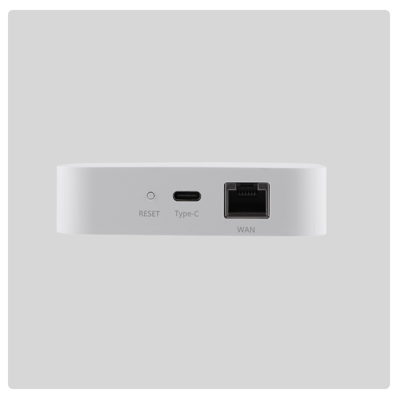 HALO Zigbee Gateway side view showing reset button Type-C port and WAN jack
