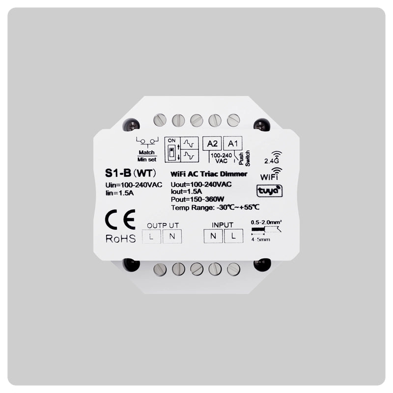 HALO S1-B inline dimmer module in white with screw terminal blocks for 100-240V AC