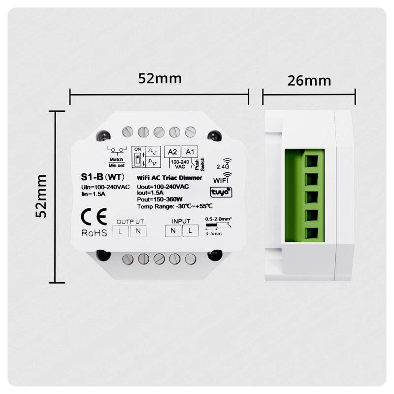 HALO Smart Dimming Module inline dimmer with white body and green screw-terminal block