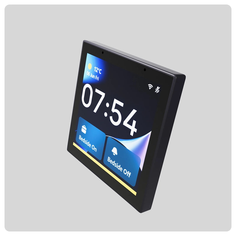 Angled view of HALO Hub Mini smart control panel with a touchscreen showing bedside on and off options
