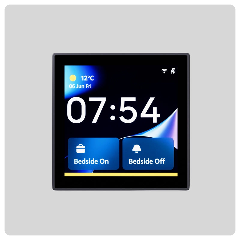 Front view of HALO Hub Mini smart control panel displaying Bedside On and Bedside Off tiles