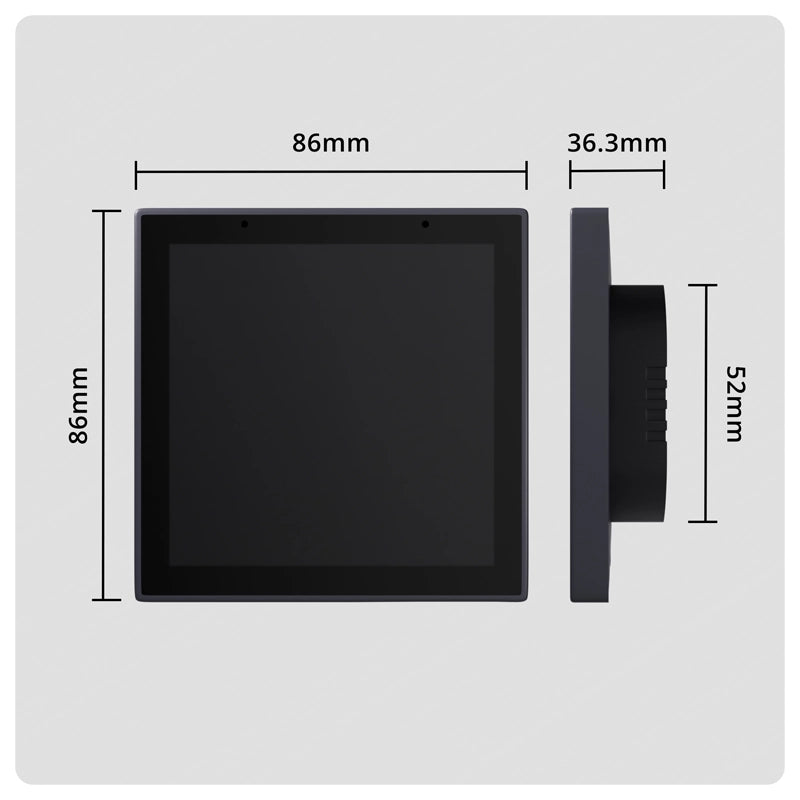 HALO Hub Mini dimension diagram showing a square front face and slim side profile with measurement labels