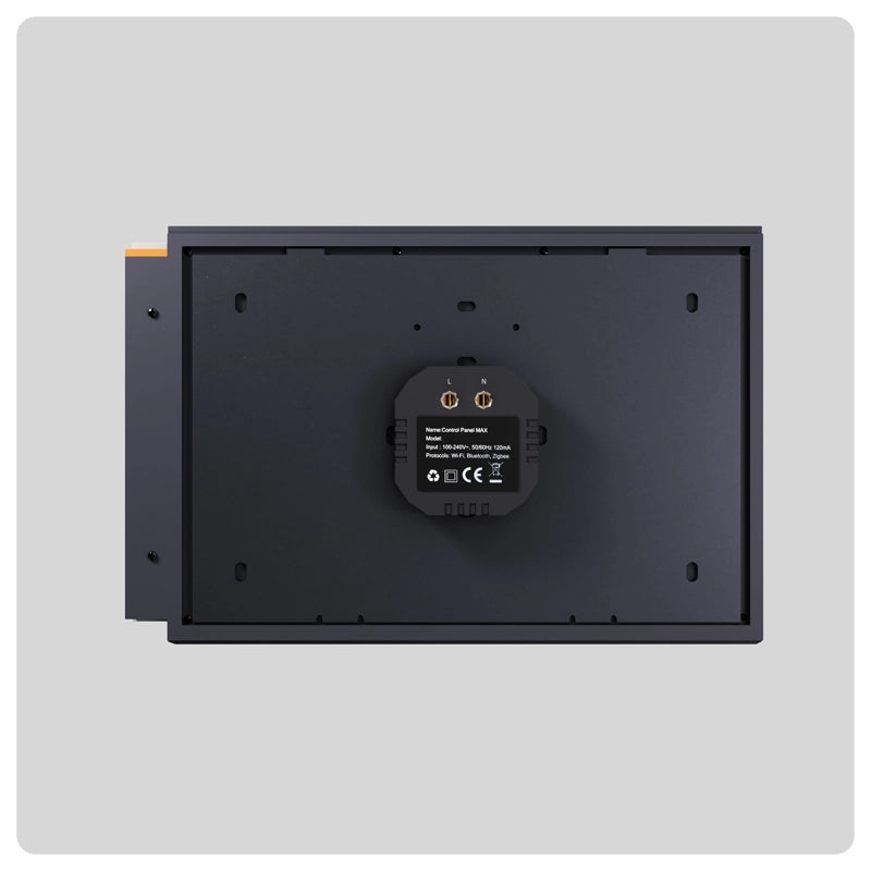 Back view of HALO Hub Max smart control panel with mounting plate and terminal connections