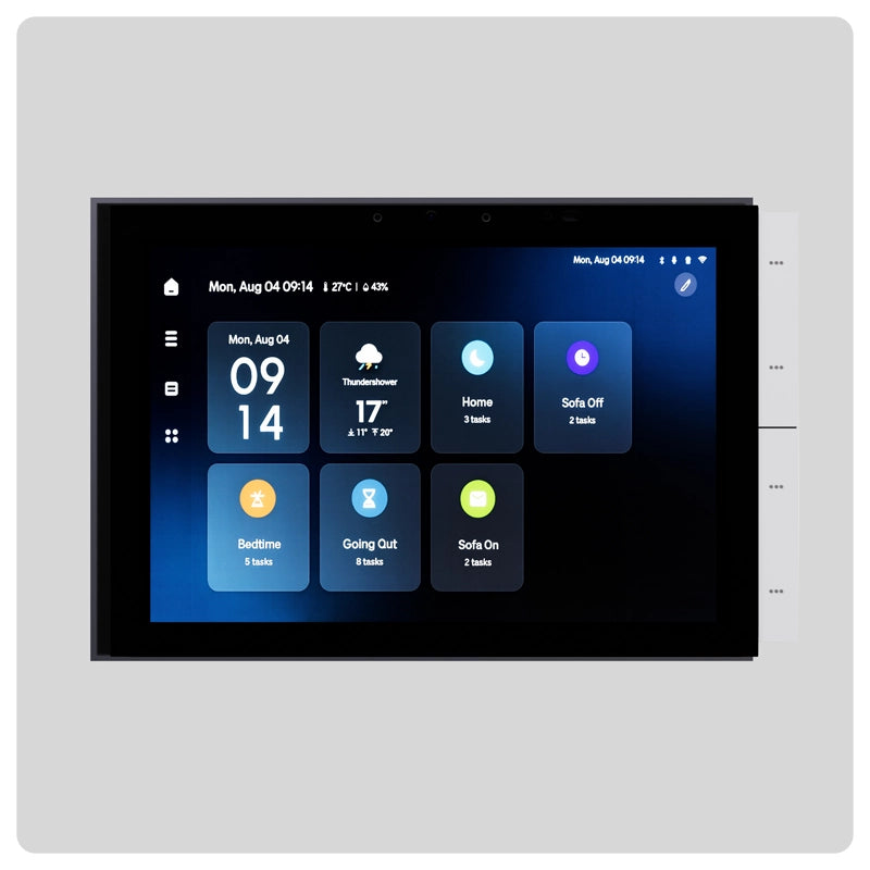HALO Hub Max smart control panel with built in Zigbee hub displaying a home automation dashboard on a black touchscreen