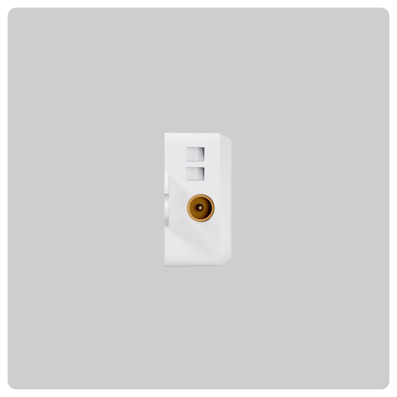 White HALO control accessory featuring a circular gold RF coax connector on the front