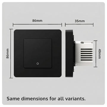 HALO Smart Switch dimensional diagram showing front view 86 mm square and side depth 49 mm