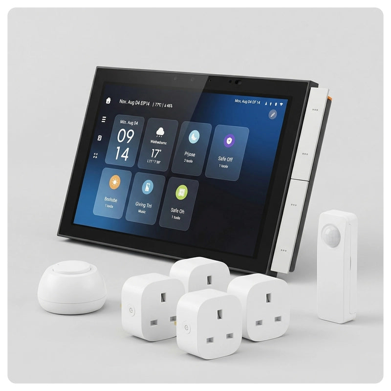 HALO Hub Max full home control kit with a touchscreen hub and several white smart plugs plus a motion sensor