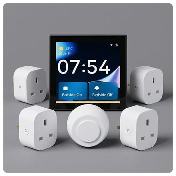 HALO Hub Mini Starter kit with a central touchscreen hub surrounded by four white smart plugs.