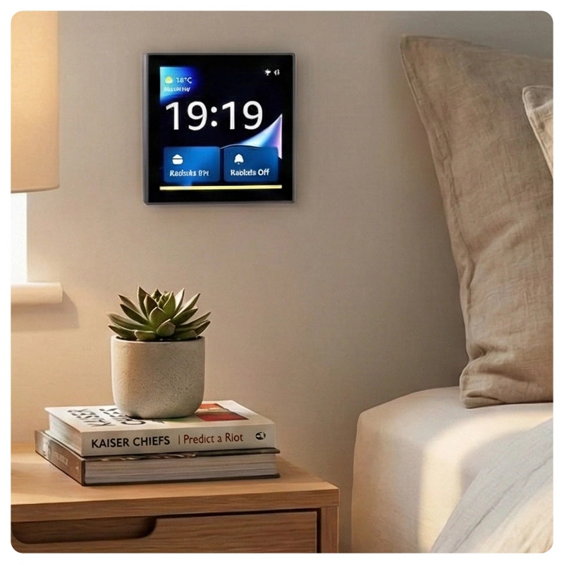 HALO Hub Mini Starter mounted on a bedroom wall above a nightstand with a plant and books