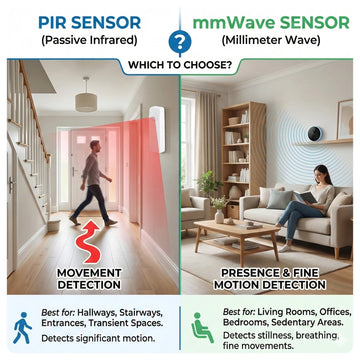 HALO PIR versus mmWave sensor comparison graphic highlighting motion detection and presence detection