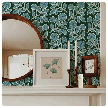 HALO Hub Max Full-Home shown on a mantel among framed art and teal floral wallpaper