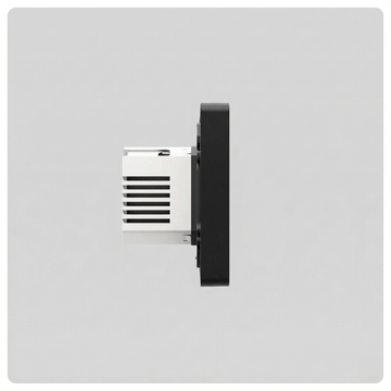 Rear side view of HALO Smart Switch black wall plate with the white vented mounting block