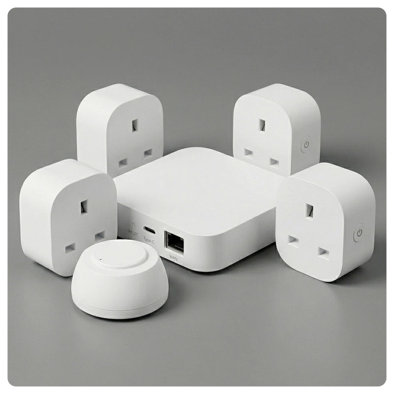 HALO Super Easy Starter smart hub with five white plug‑in adapters arranged around it