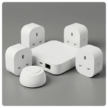 HALO Super Easy Starter smart hub with five white plug‑in adapters arranged around it
