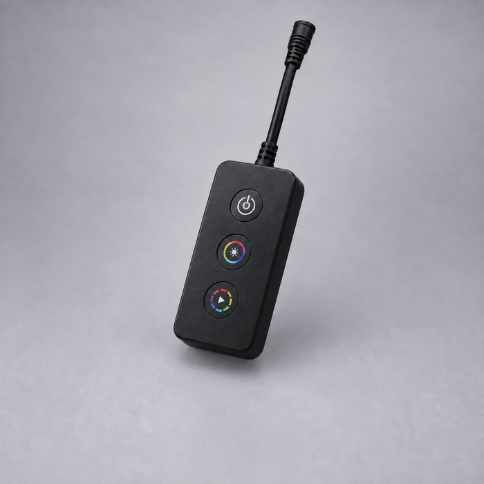 Black BLAQ IRIS LED controller with power, colour and music-control buttons