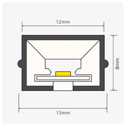 Schematic of BLAQ Aura compact LED module with a yellow chip and dimension marks 12mm by 8mm by 13mm.