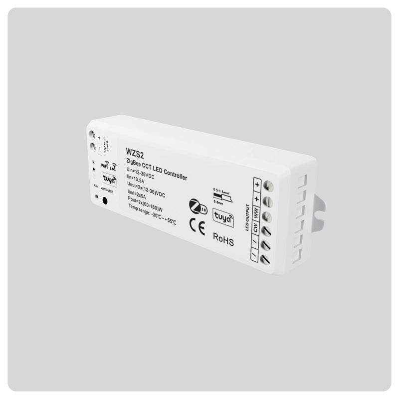 Angled view of HALO WZS2 ZigBee CCT LED Controller with terminal block