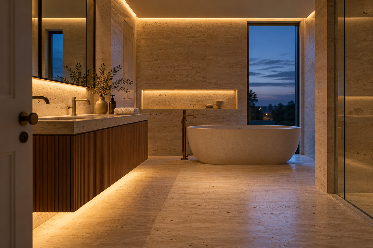 Lighting concept of the travertine bathroom with warm white light