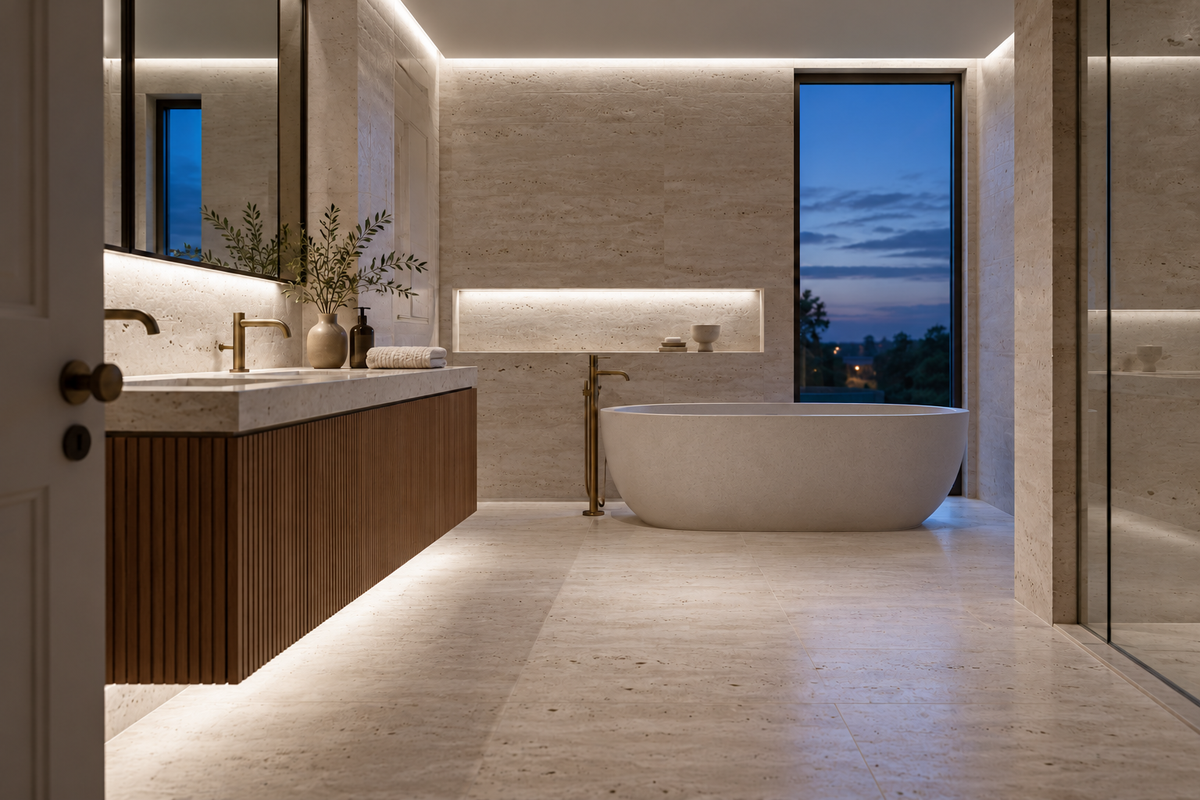 Lighting concept of the travertine bathroom with natural white light