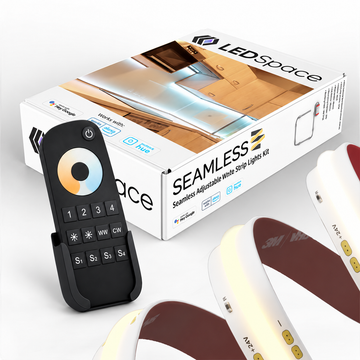 Seamless adjustable white CCT LED strip pack with LEDSpace box and four-zone remote with colour-temperature wheel in its wall cradle