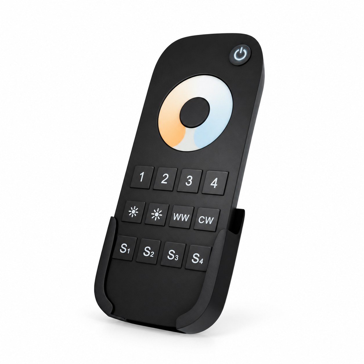 Black adjustable white CCT LED strip remote with warm-to-cool colour-temperature wheel, four zone buttons, WW and CW controls, and wall cradle