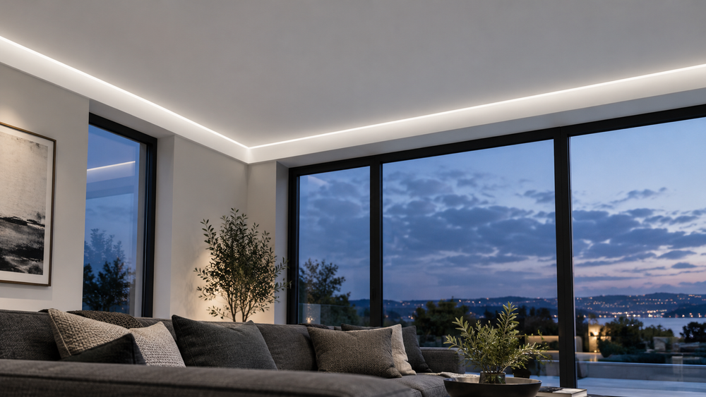 Ceiling-perimeter and shadow-gap lighting concept