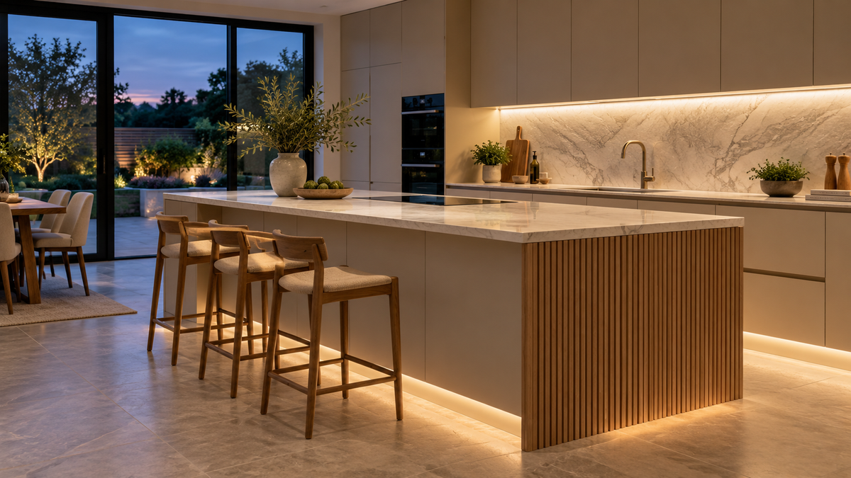 Kitchen lighting concept showing layered LED illumination