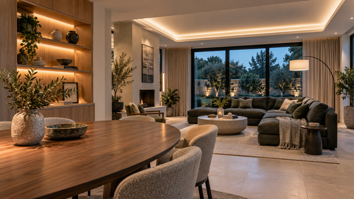 Warm living and dining room concept with concealed ceiling lighting and illuminated shelving