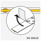 LED strip mounting diagram showing the protective liner peeling away from 3M 300LSE adhesive backing