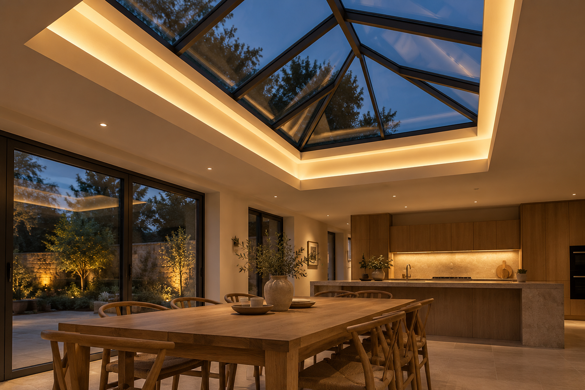 Lighting concept of the roof lantern above a kitchen with warm white light