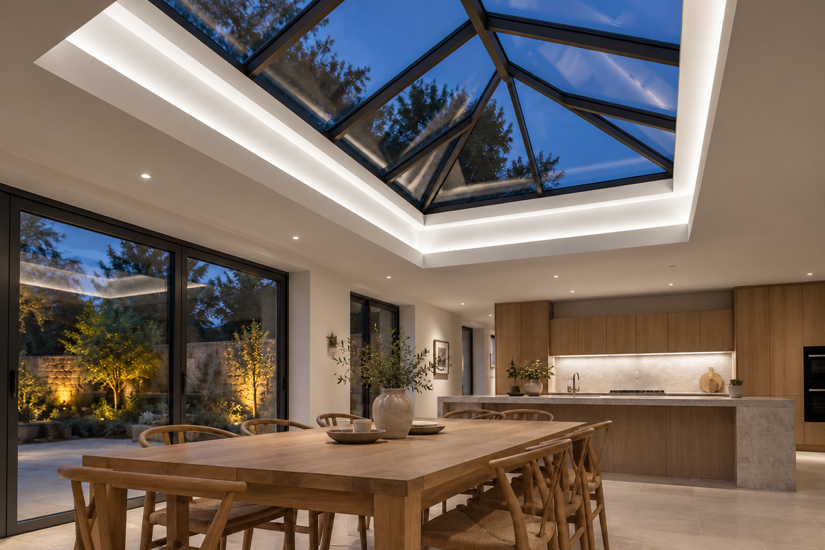 Lighting concept of the roof lantern above a kitchen with natural white light