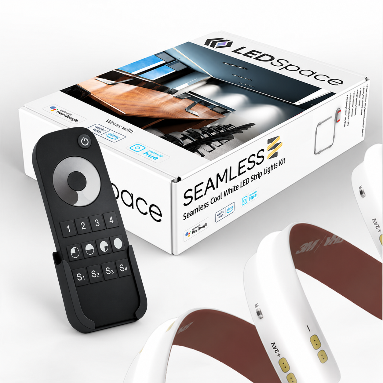 Seamless cool white LED strip pack with LEDSpace box and black four-zone dimming remote in its wall cradle