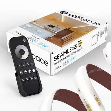 Seamless natural white LED strip pack with LEDSpace box and black four-zone dimming remote in its wall cradle