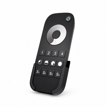 Black single-colour LED strip dimming remote with brightness wheel, four zone buttons and wall cradle