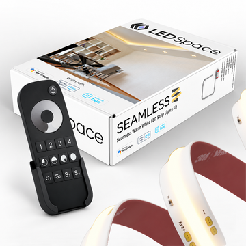 Seamless warm white LED strip pack with LEDSpace box and black four-zone dimming remote in its wall cradle