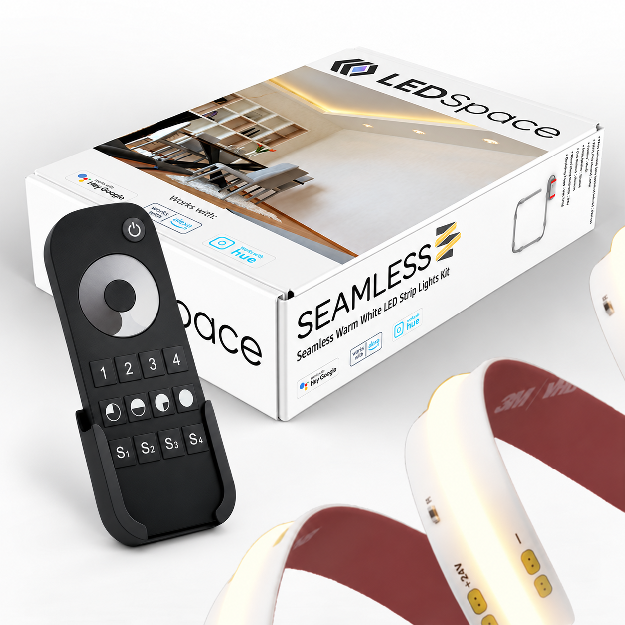 Seamless warm white LED strip pack with LEDSpace box and black four-zone dimming remote in its wall cradle