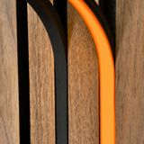 BLAQ IRIS slat-wall LED strip showing orange light between timber slats