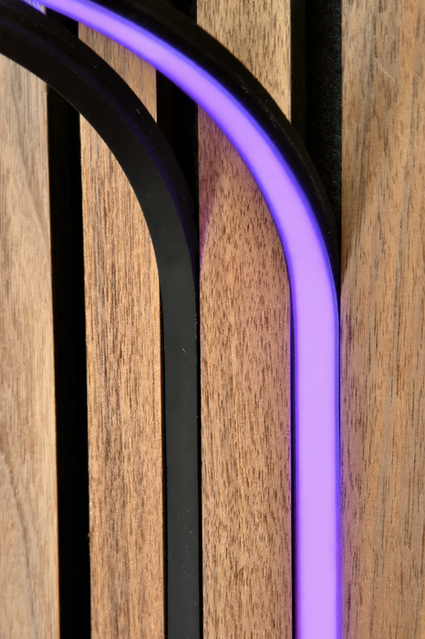 BLAQ IRIS slat-wall LED strip showing purple light between timber slats
