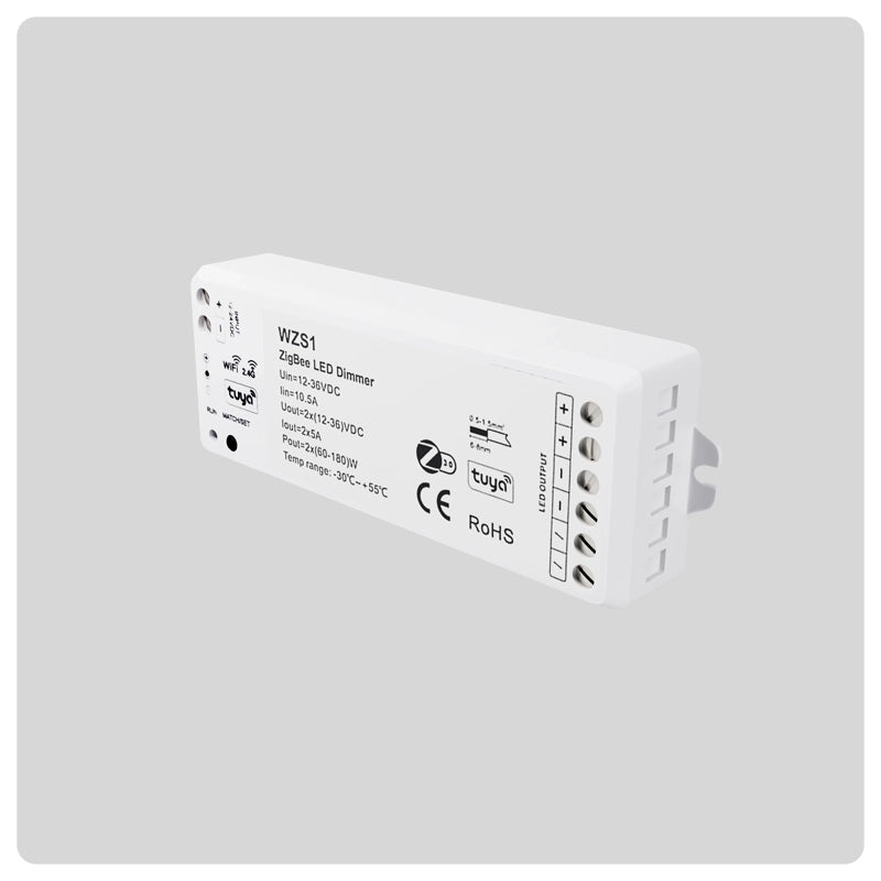 Angled white HALO WZS1 ZigBee LED Dimmer with terminal block and control labels