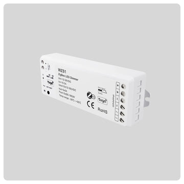 Angled white HALO WZS1 ZigBee LED Dimmer with terminal block and control labels