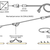 Wiring diagram for PIR motion sensing switch powering 24V DC LED strips with connectors
