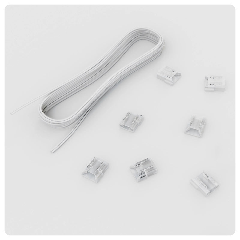 Cool white LED strip pack for 240V dimming with a 5 metre ribbon and white connectors.