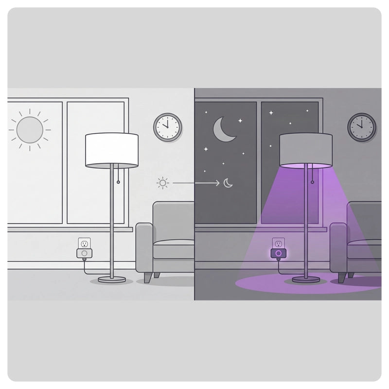 Split living room illustration showing HALO Super Easy Starter lamp in day mode on the left and purple night glow on the right