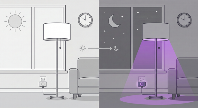 HALO Hub Max Full-Home illustrated in a living room with a lamp and seating, showing day and night lighting automation.