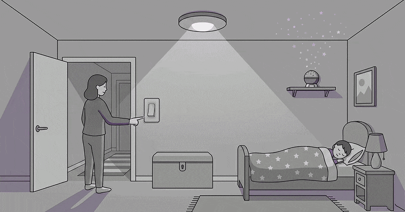 Black HALO Smart Switch mounted on bedroom wall near the door with a ceiling light overhead