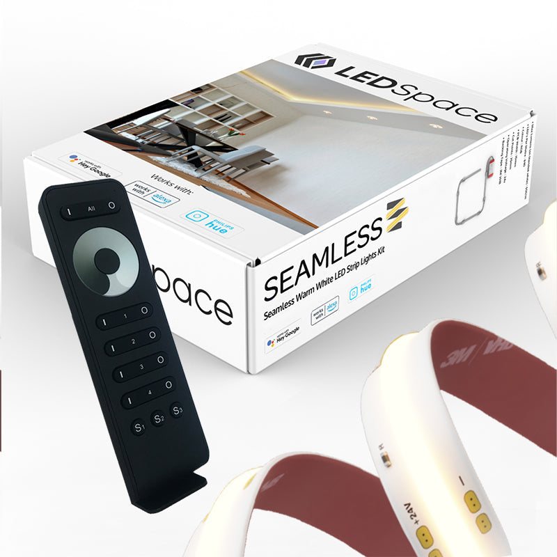 5m Seamless8 warm white LED strip pack with remote control, showing the box and LED strip