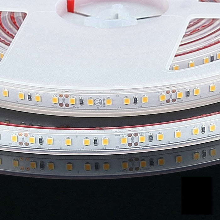 Coiled LED tape showing individual LED chips beneath its clear protective covering